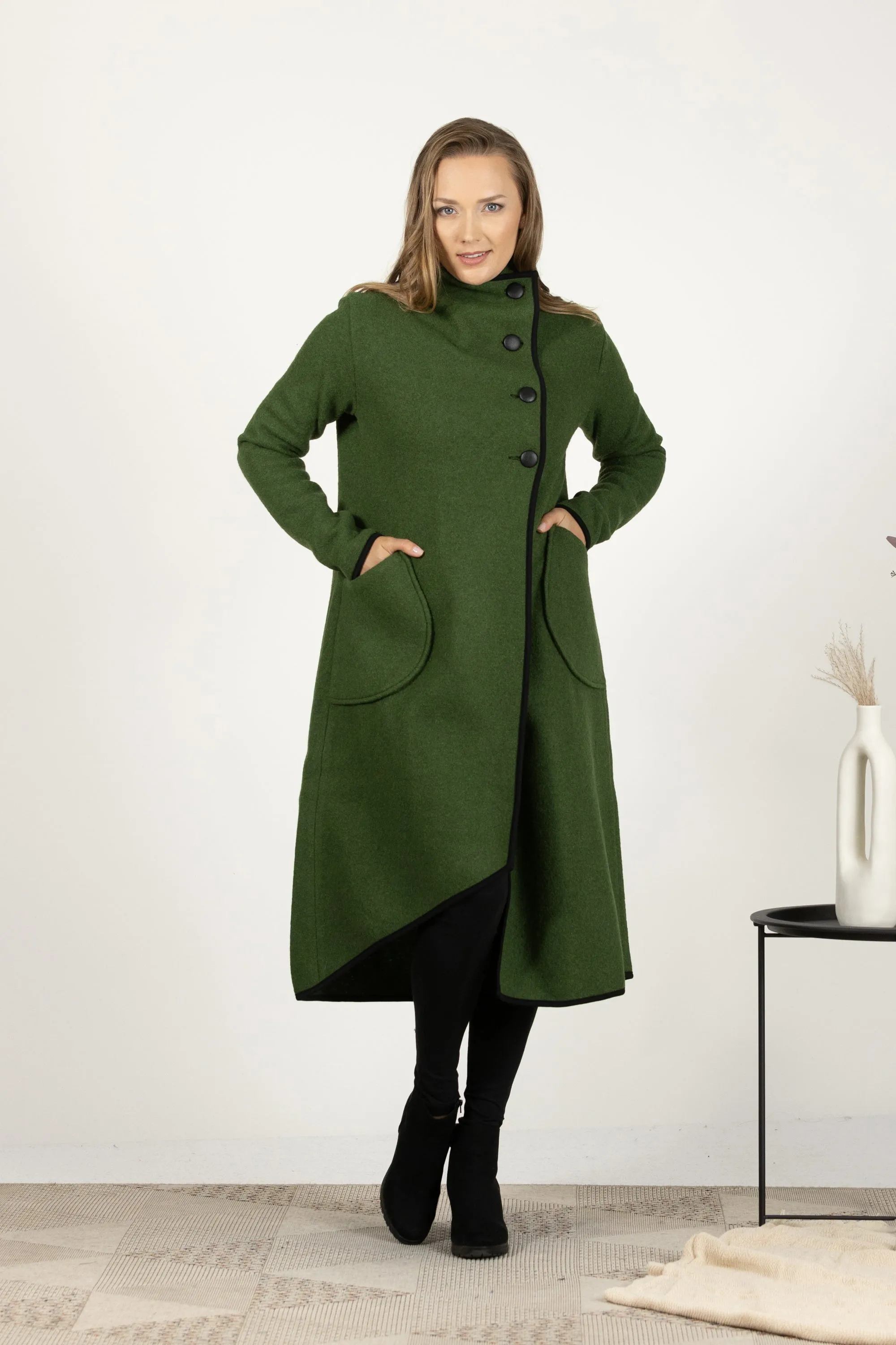 Mustard Boiled Wool Coat with Pockets