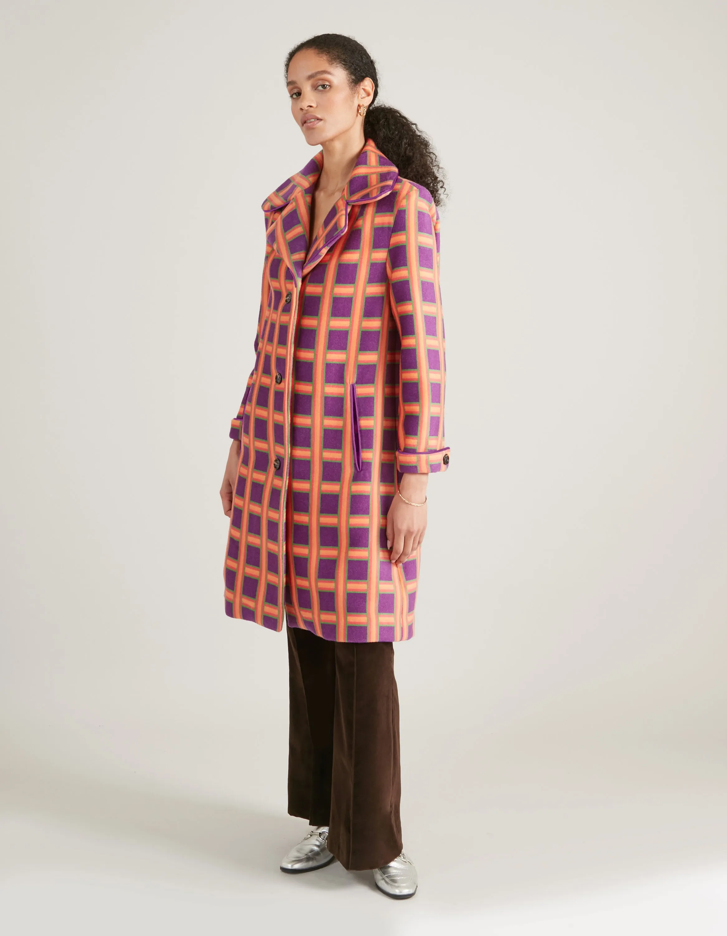 Nandi Purple Tartan Print Cashmere And Wool Coat