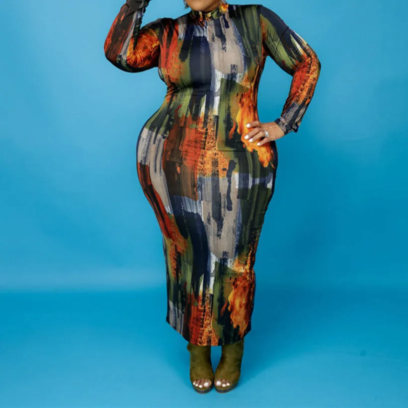 Plus Size Mock Neck Long Sleeve Multi Printed Maxi Dress