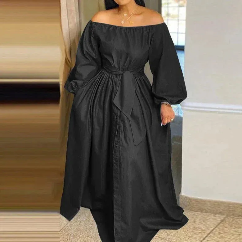 Plus Size Off Shoulder Lantern Sleeve Maxi Dress