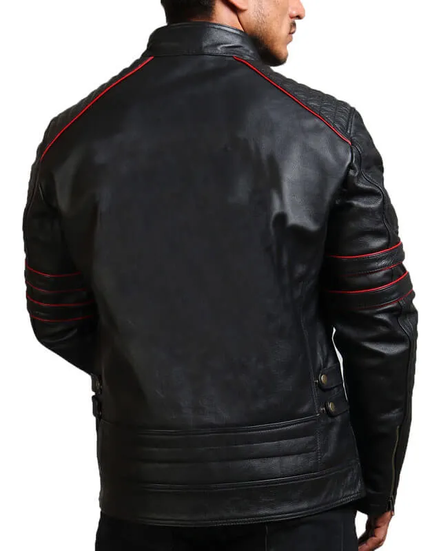 Quilted Shoulder Black Biker Leather Jacket