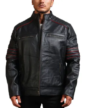 Quilted Shoulder Black Biker Leather Jacket