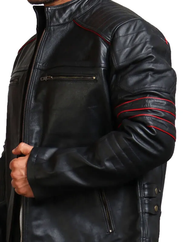 Quilted Shoulder Black Biker Leather Jacket