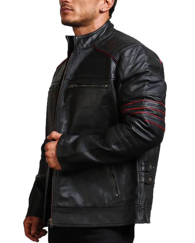 Quilted Shoulder Black Biker Leather Jacket