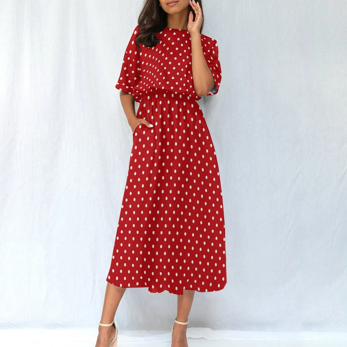 Red White Polka Dots Women Maxi Dress, Elastic Waist Flowy Long Ankle Length Short Sleeve Pockets Boho Spring Summer Cute Ladies Designer