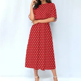 Red White Polka Dots Women Maxi Dress, Elastic Waist Flowy Long Ankle Length Short Sleeve Pockets Boho Spring Summer Cute Ladies Designer