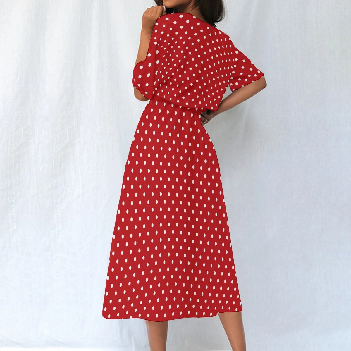 Red White Polka Dots Women Maxi Dress, Elastic Waist Flowy Long Ankle Length Short Sleeve Pockets Boho Spring Summer Cute Ladies Designer