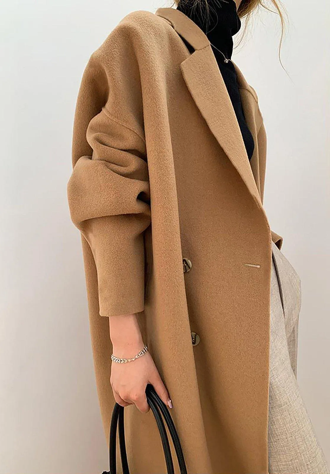 Relaxed Fit Double Breasted Wool Blend Coat