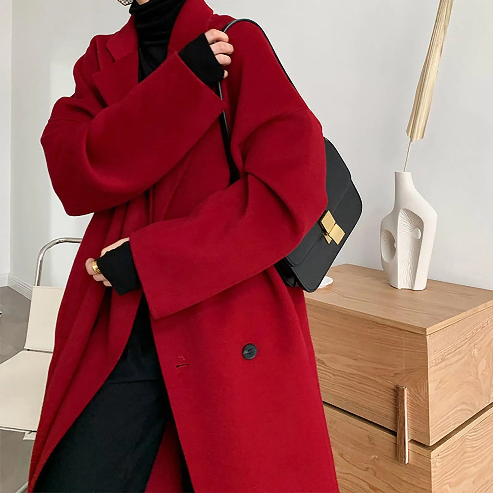 Relaxed Fit Double Breasted Wool Blend Coat