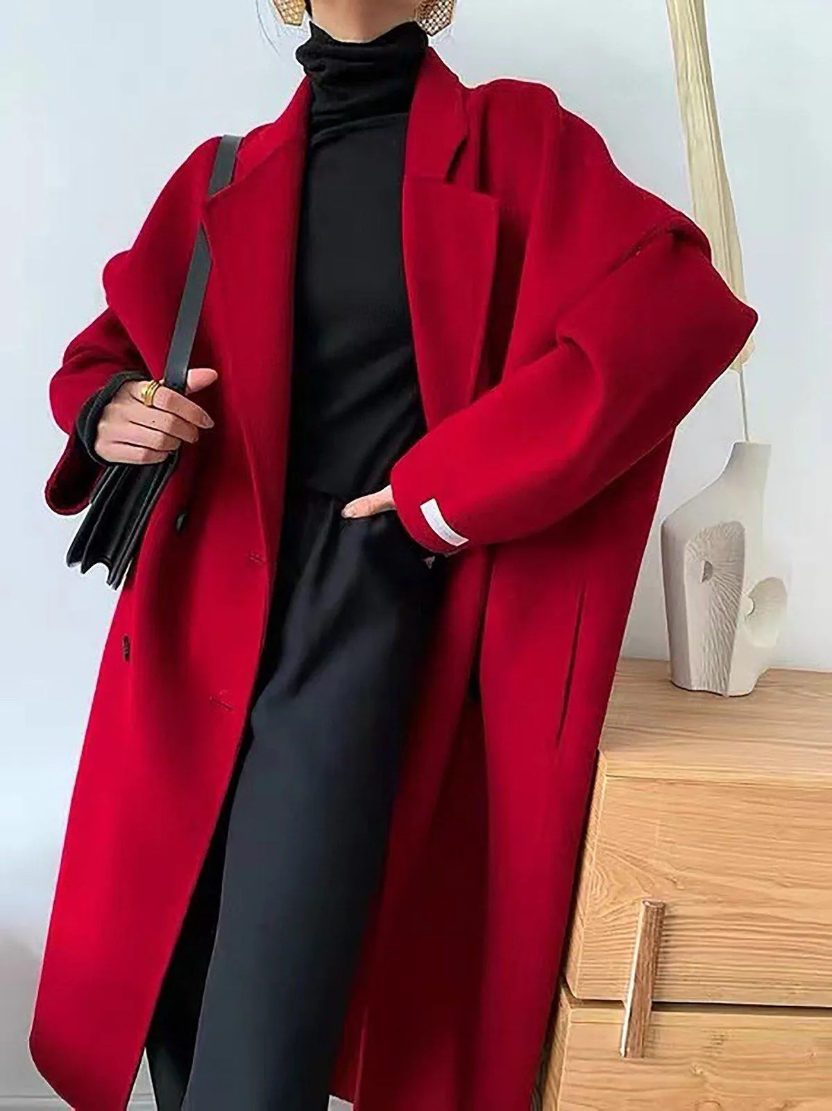 Relaxed Fit Double Breasted Wool Blend Coat