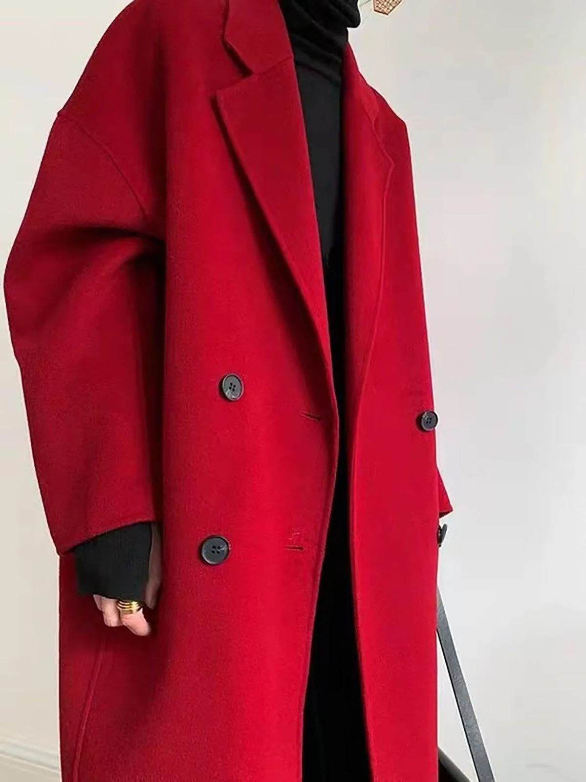 Relaxed Fit Double Breasted Wool Blend Coat