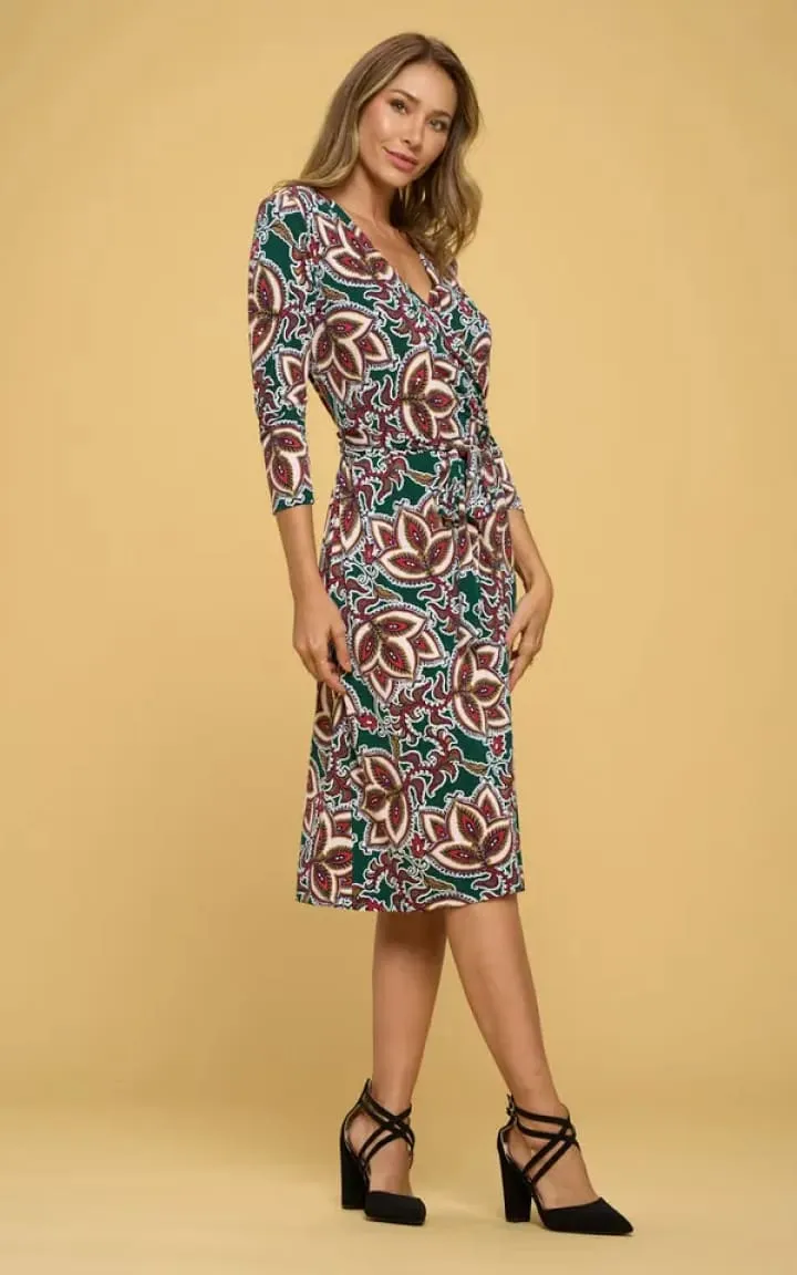 Renee C - Floral V-Neck Wrap Dress in Green Print