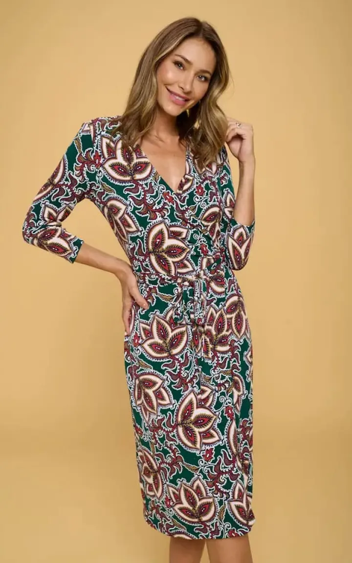 Renee C - Floral V-Neck Wrap Dress in Green Print