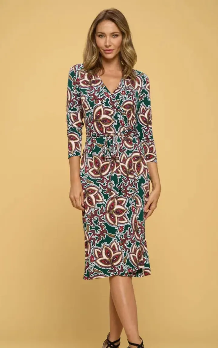 Renee C - Floral V-Neck Wrap Dress in Green Print