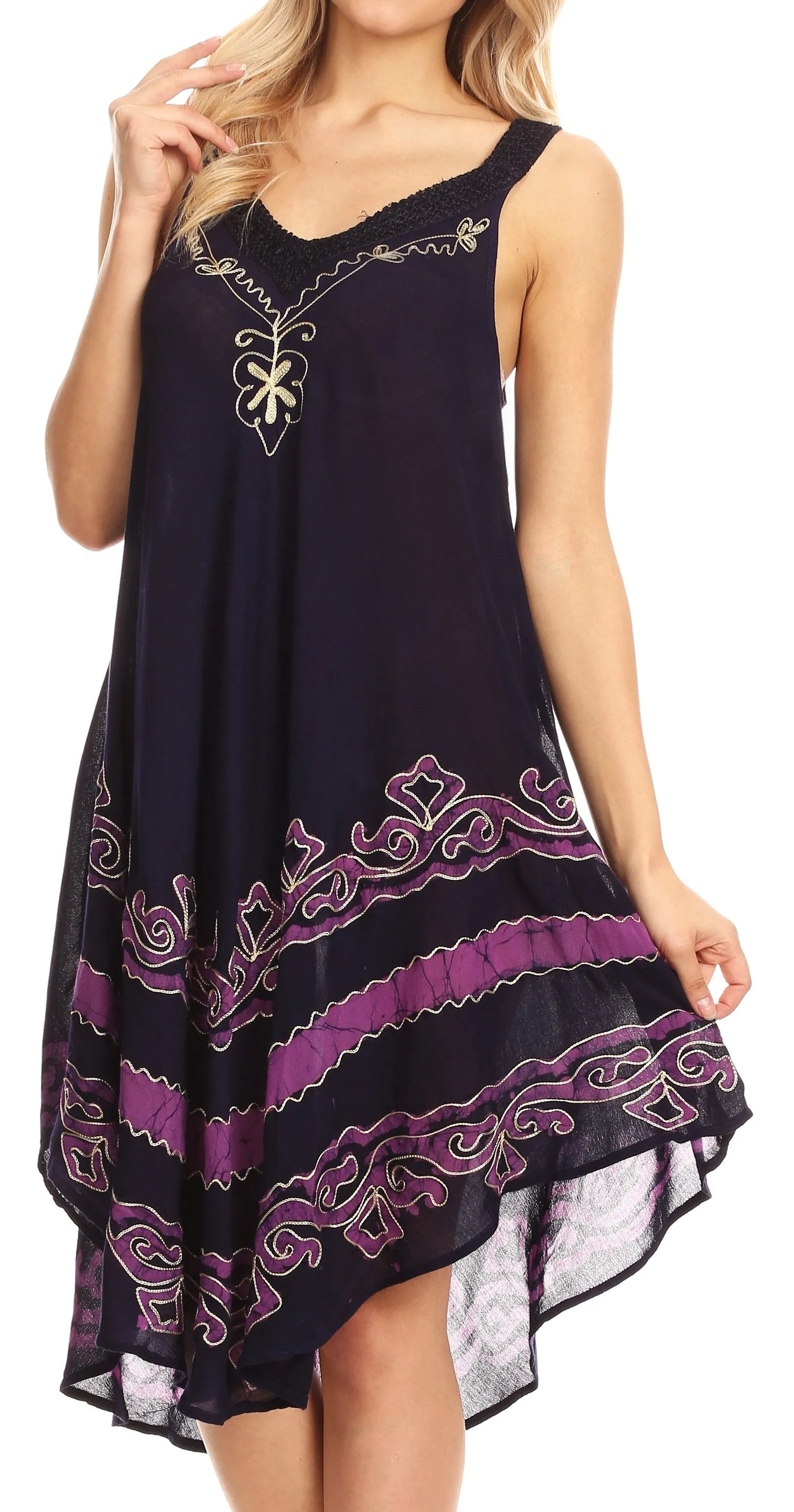 Sakkas Gasha Sleeveless Mid Length Caftan Dress With Embroidery Details And V Neck