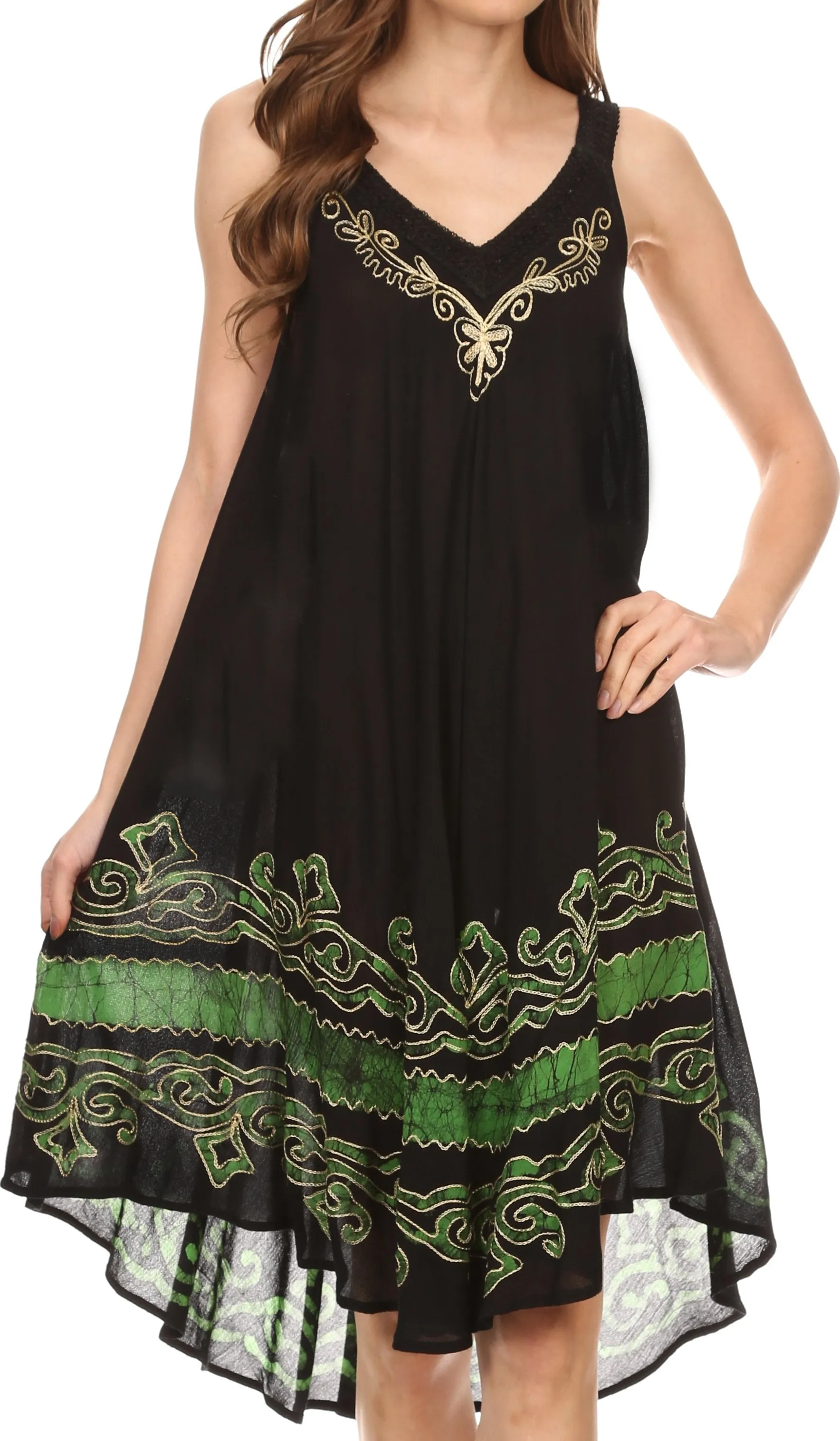 Sakkas Gasha Sleeveless Mid Length Caftan Dress With Embroidery Details And V Neck