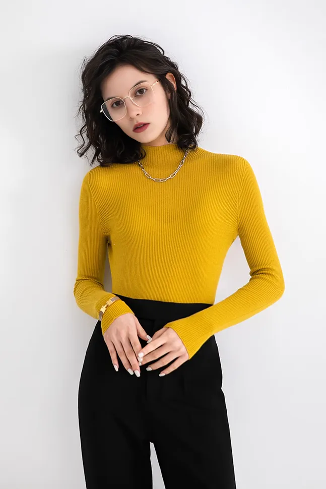 Seamless Knit 100 Washable Merino Wool Mock Turtleneck Sweater