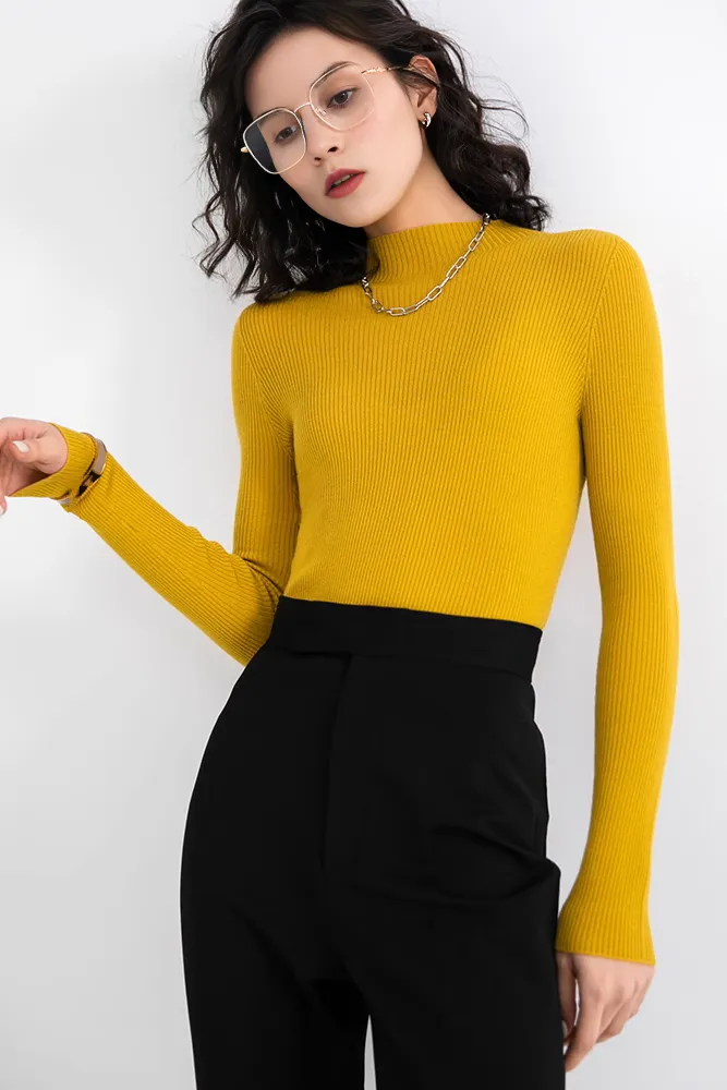 Seamless Knit 100 Washable Merino Wool Mock Turtleneck Sweater