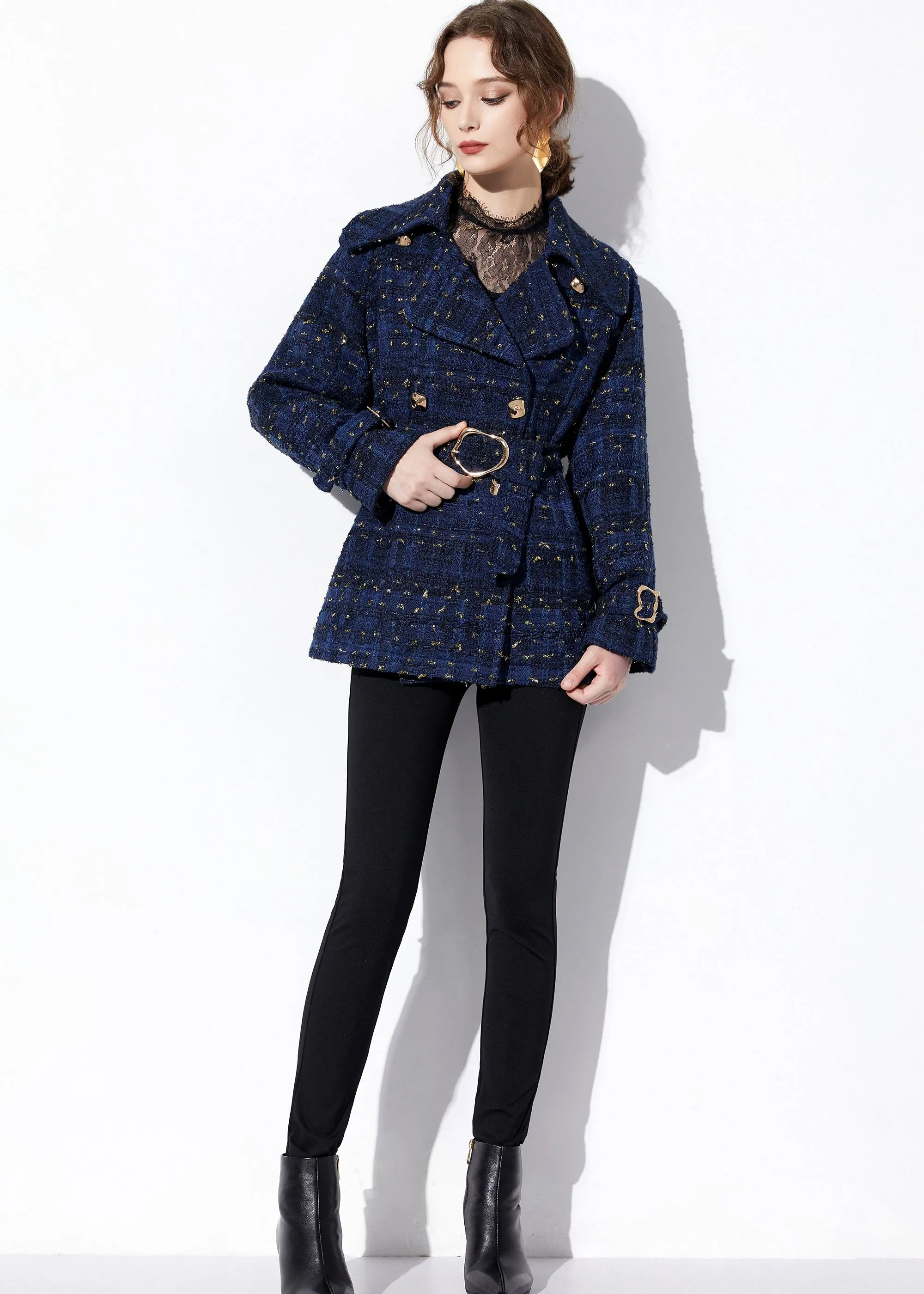 Sequin Double Breasted Blue Wool Blend Tweed Coat