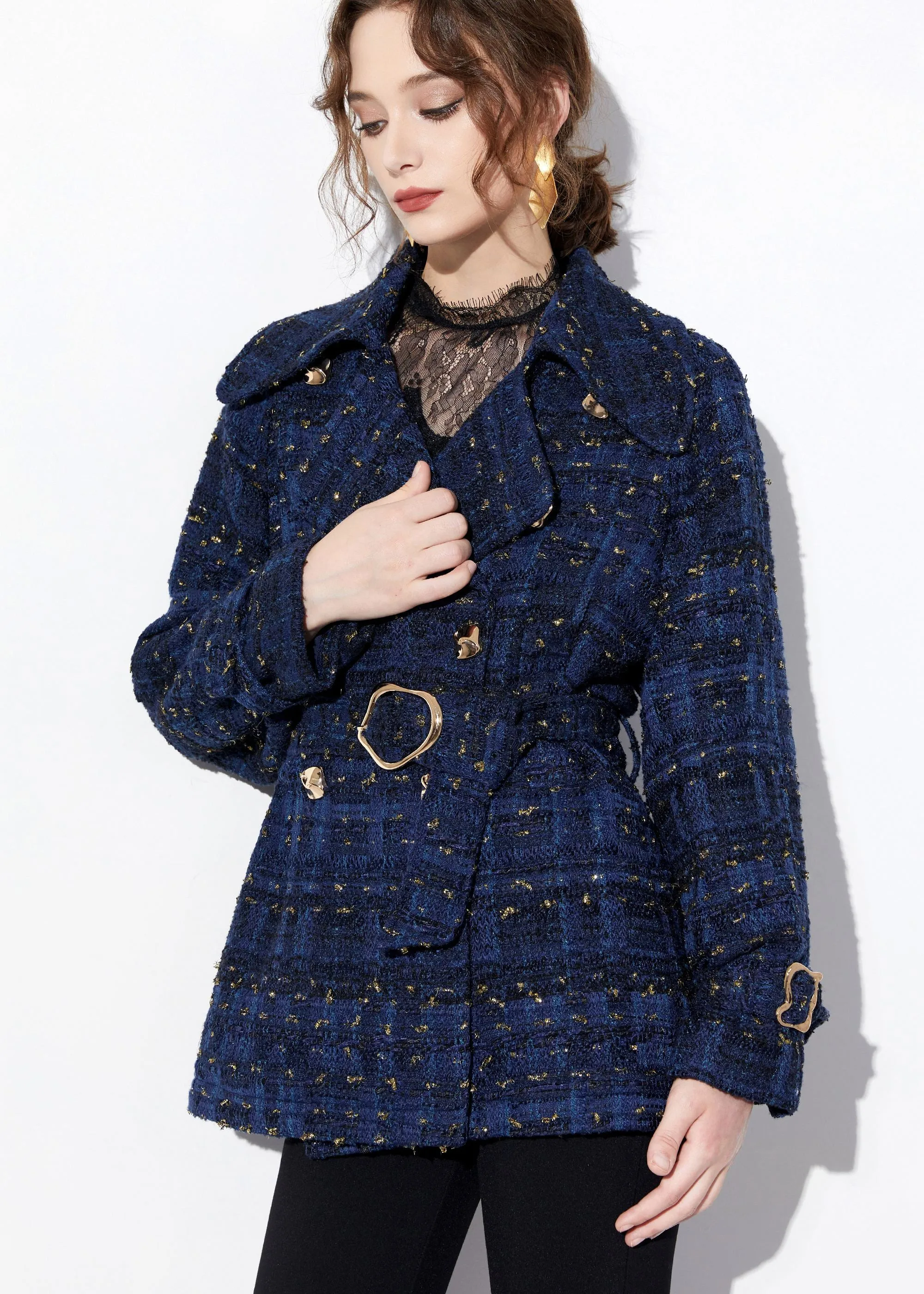 Sequin Double Breasted Blue Wool Blend Tweed Coat