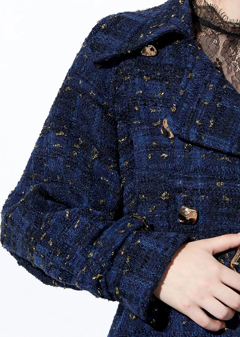 Sequin Double Breasted Blue Wool Blend Tweed Coat