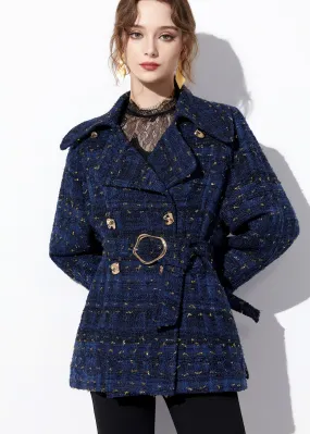 Sequin Double Breasted Blue Wool Blend Tweed Coat