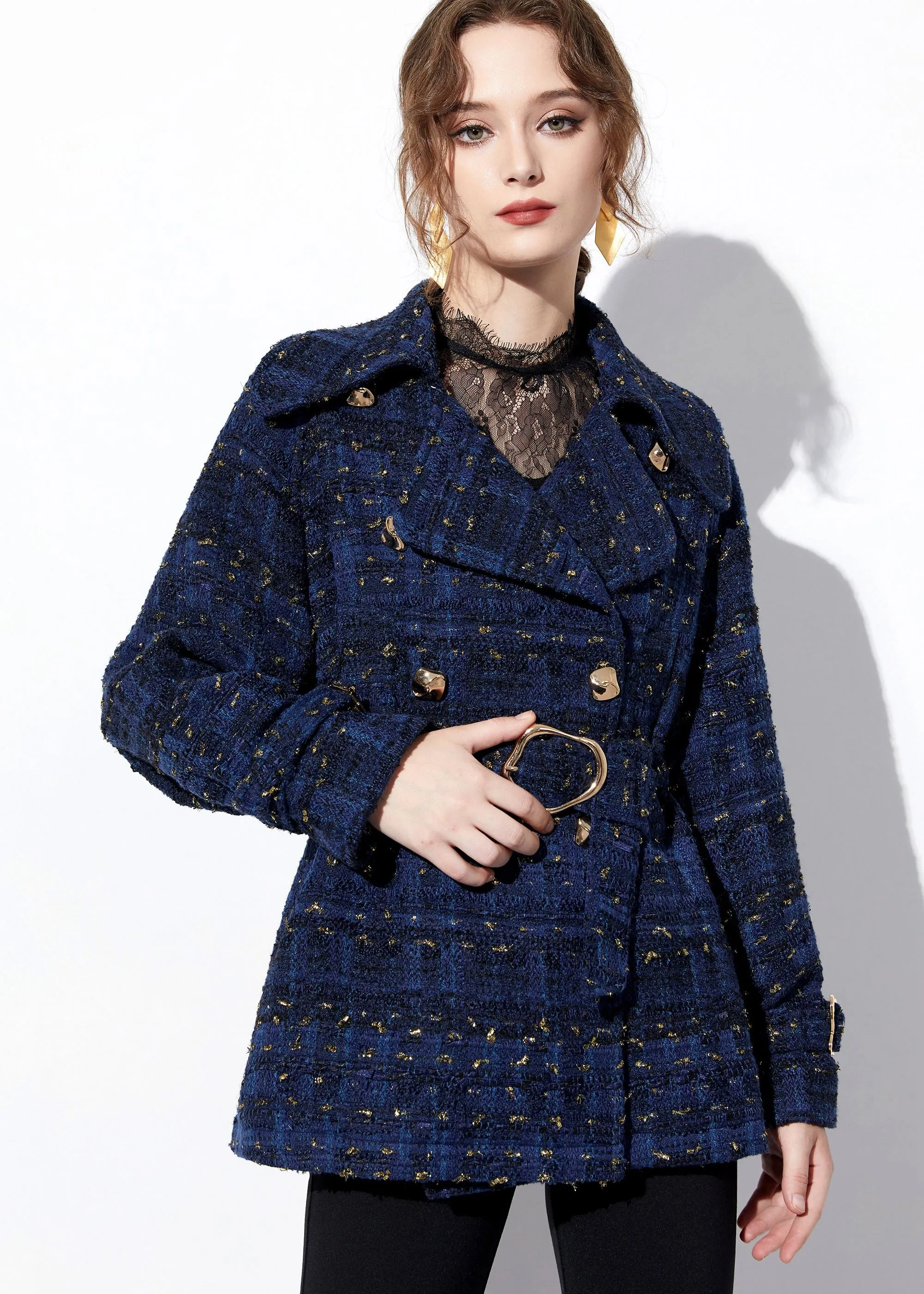 Sequin Double Breasted Blue Wool Blend Tweed Coat