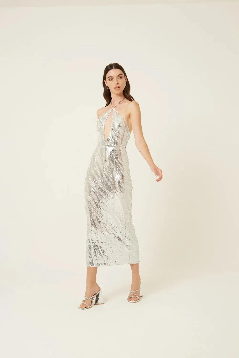 Sequin-Embellished Maxi Dress with Halter Neckline