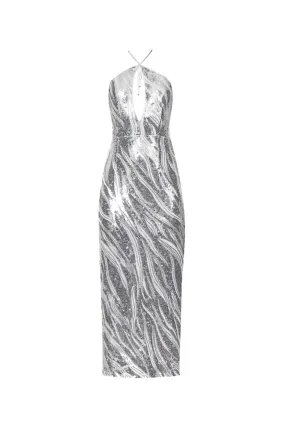 Sequin-Embellished Maxi Dress with Halter Neckline