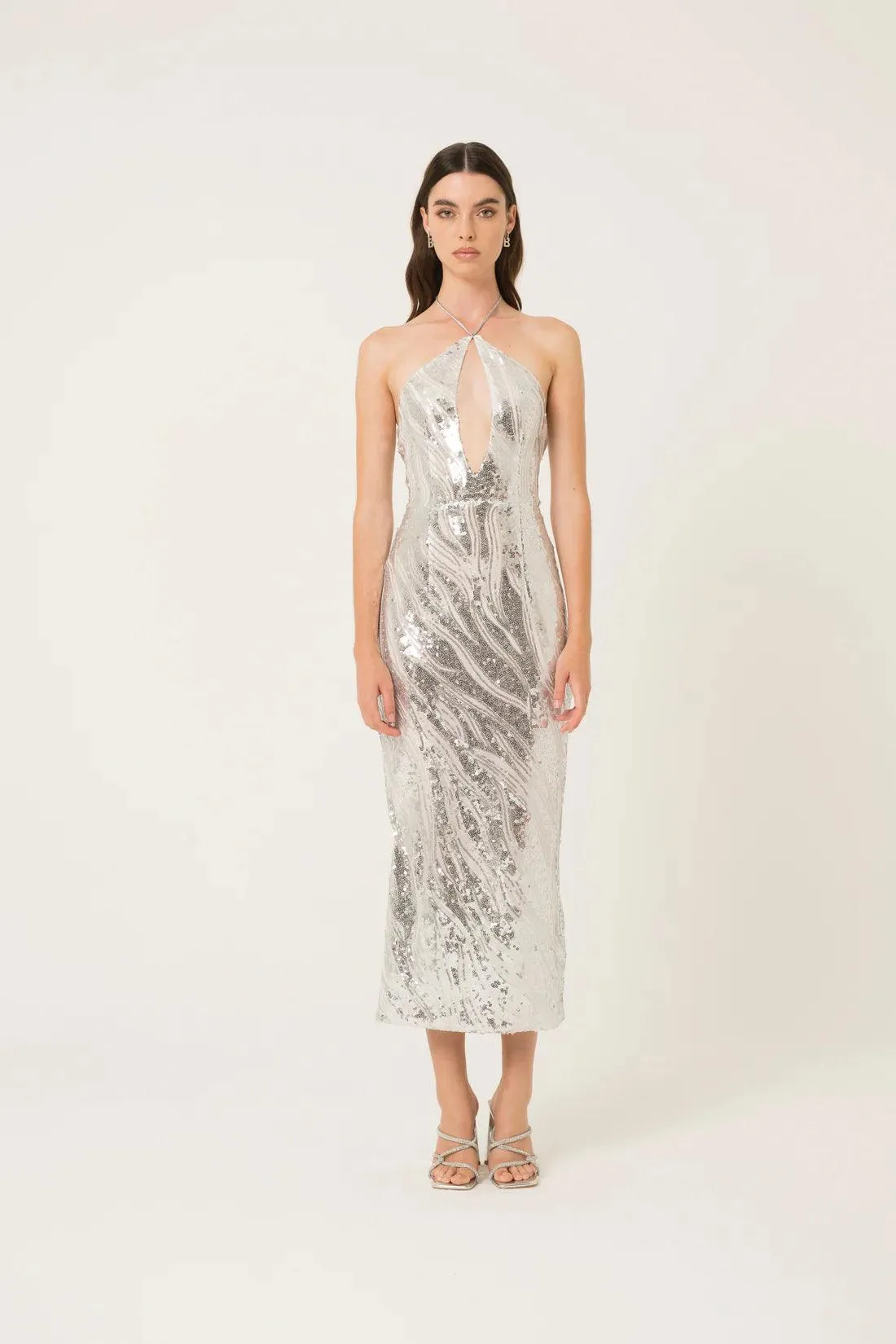 Sequin-Embellished Maxi Dress with Halter Neckline