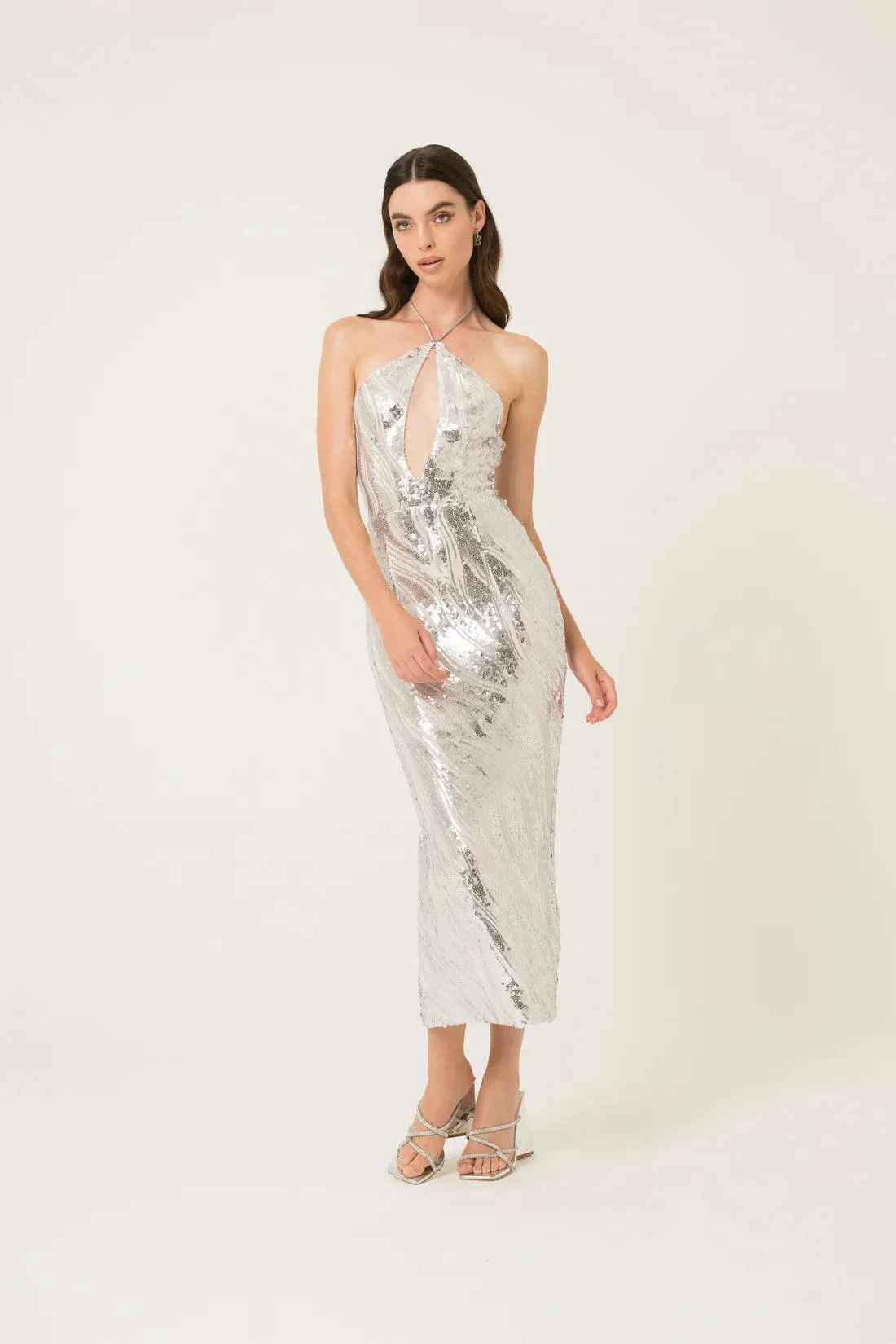 Sequin-Embellished Maxi Dress with Halter Neckline