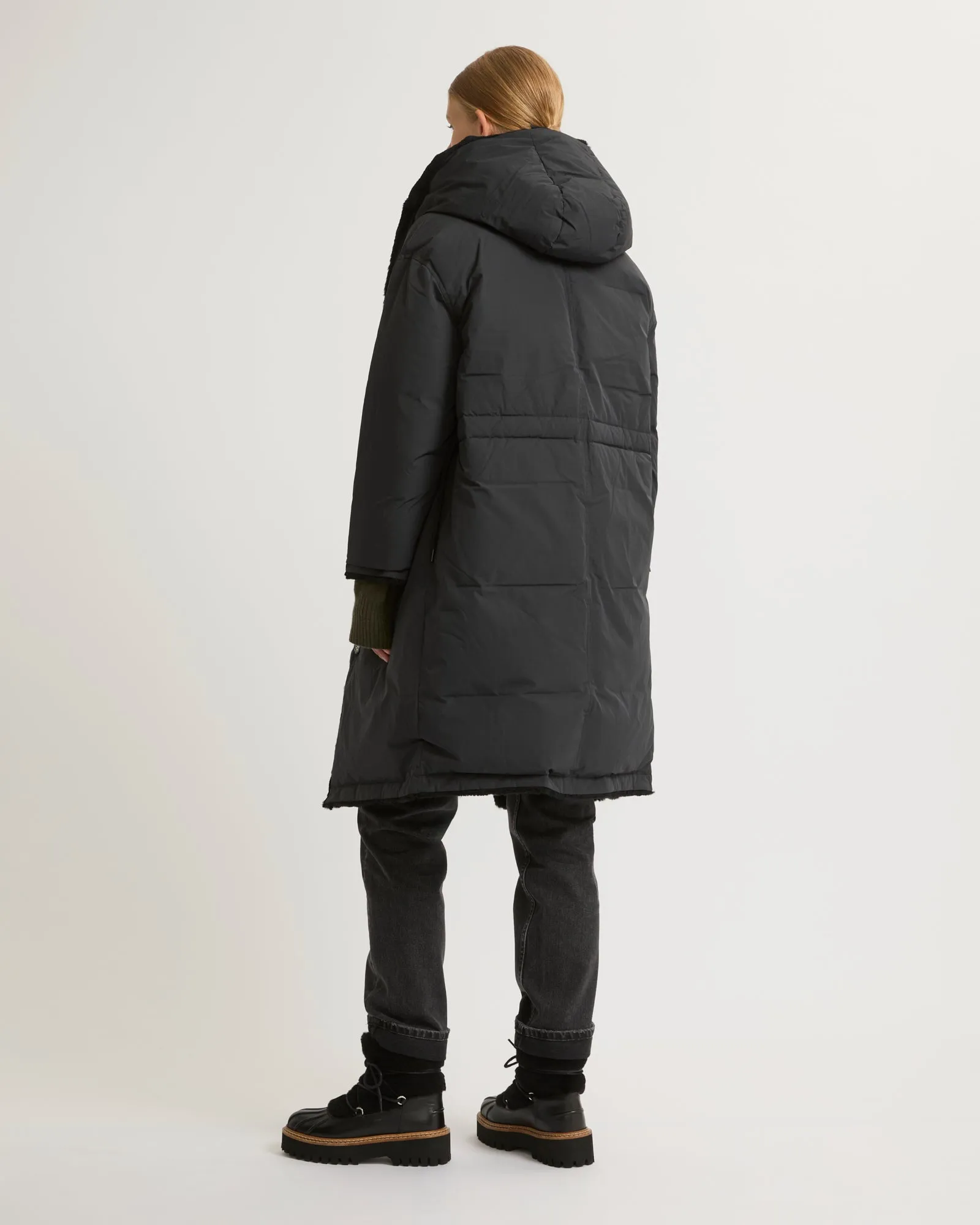 Sheared rabbit reversible hooded down jacket