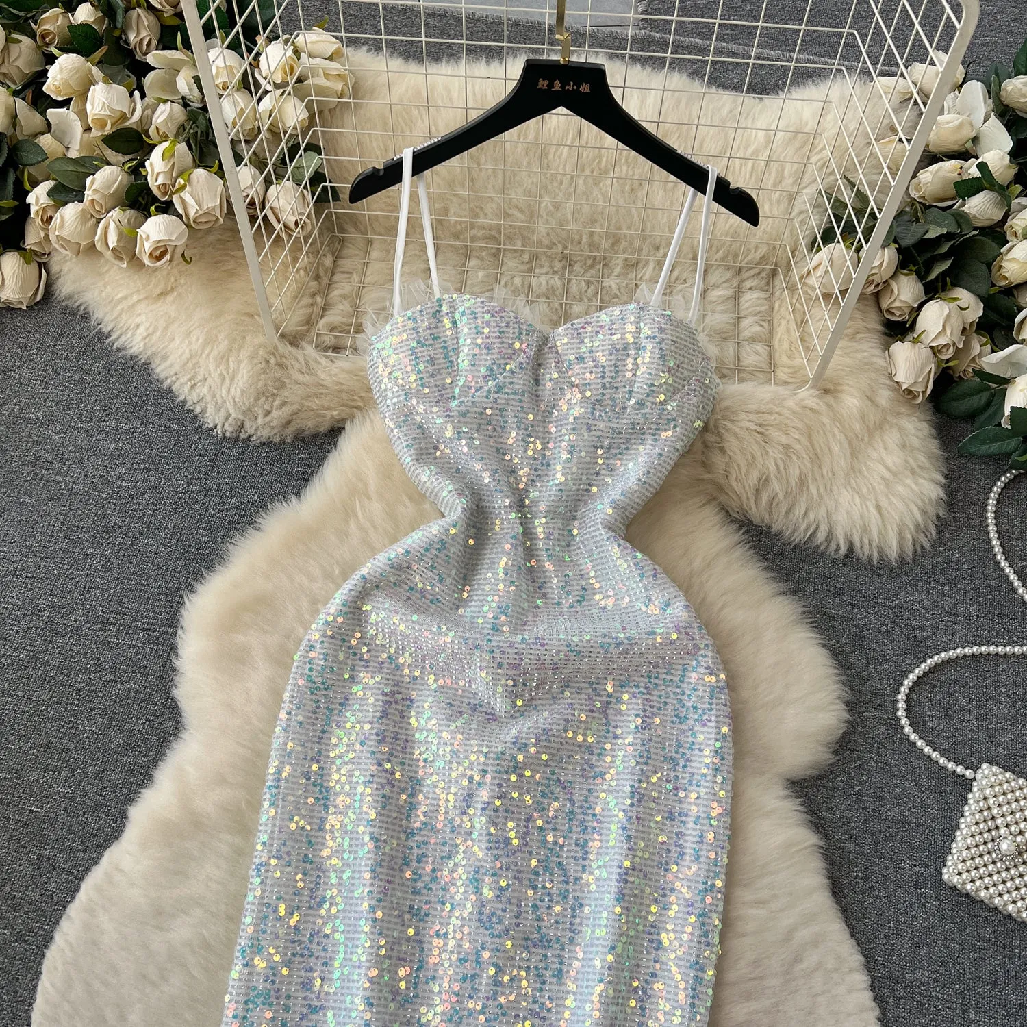 Shiny Silver Sequin Slip Dress