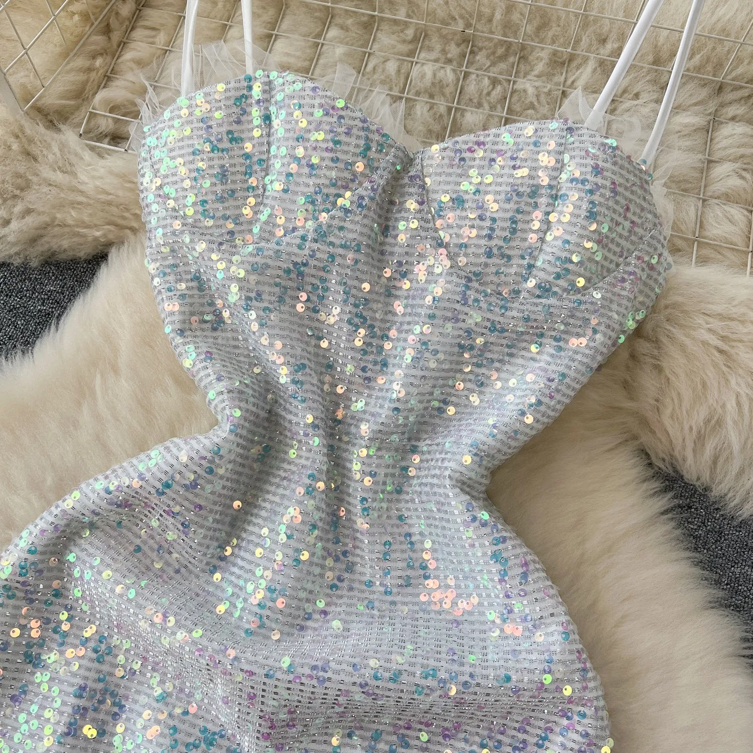 Shiny Silver Sequin Slip Dress