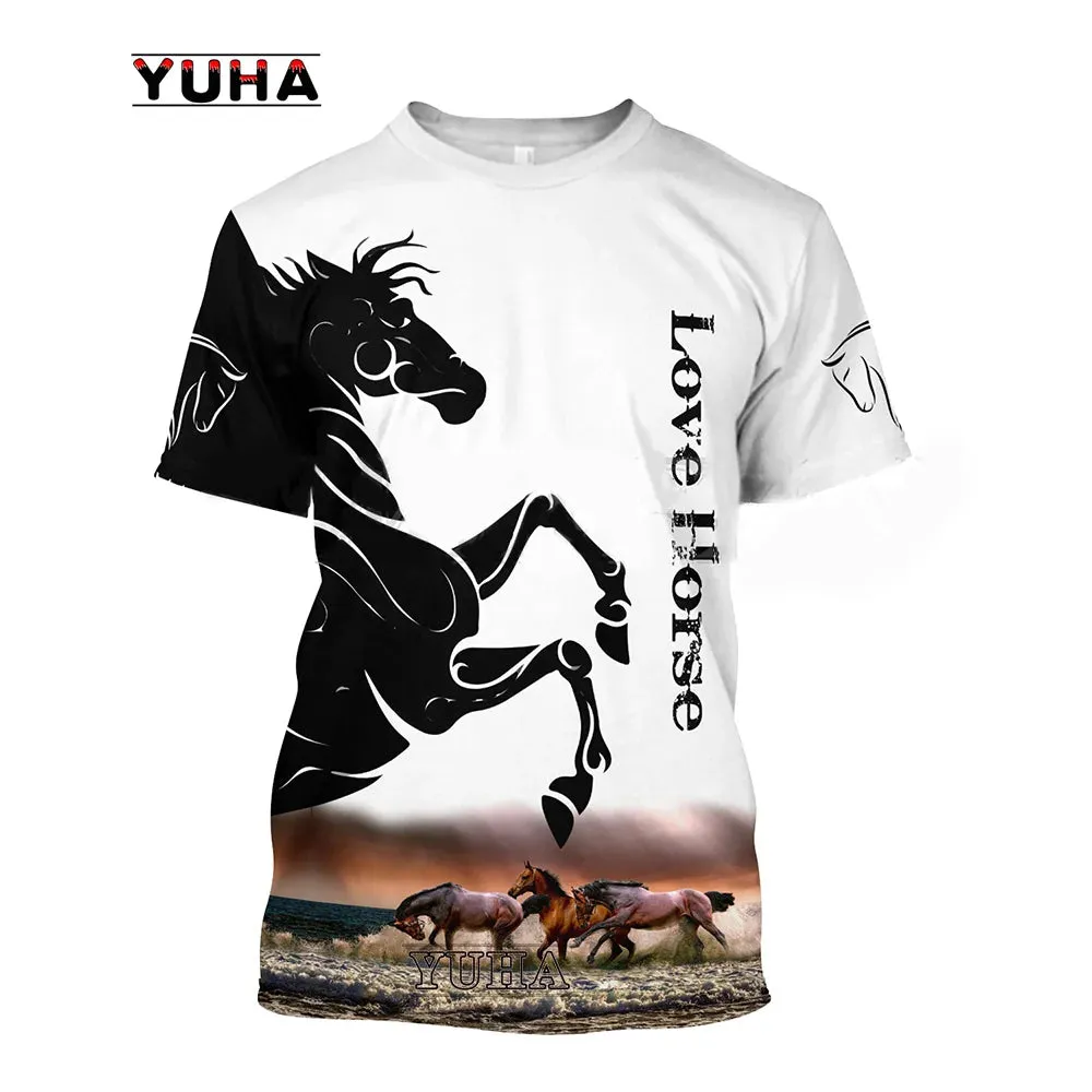 Sizes 100/120/140 3D Printing Horse Shirt Unisex Large Loose O-Neck Casual Short Sleeve T.