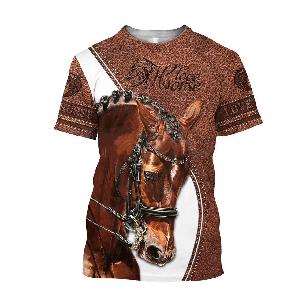 Sizes 100/120/140 3D Printing Horse Shirt Unisex Large Loose O-Neck Casual Short Sleeve T.