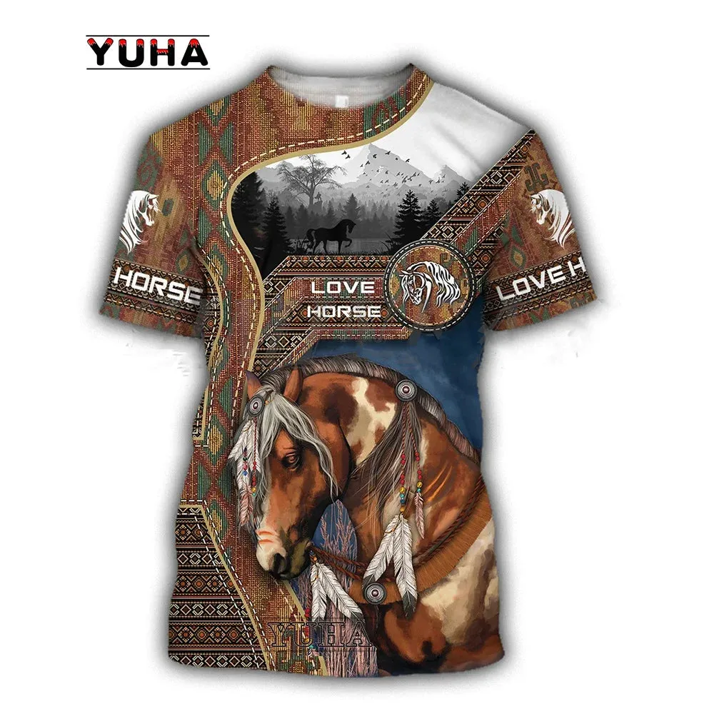 Sizes 100/120/140 3D Printing Horse Shirt Unisex Large Loose O-Neck Casual Short Sleeve T.