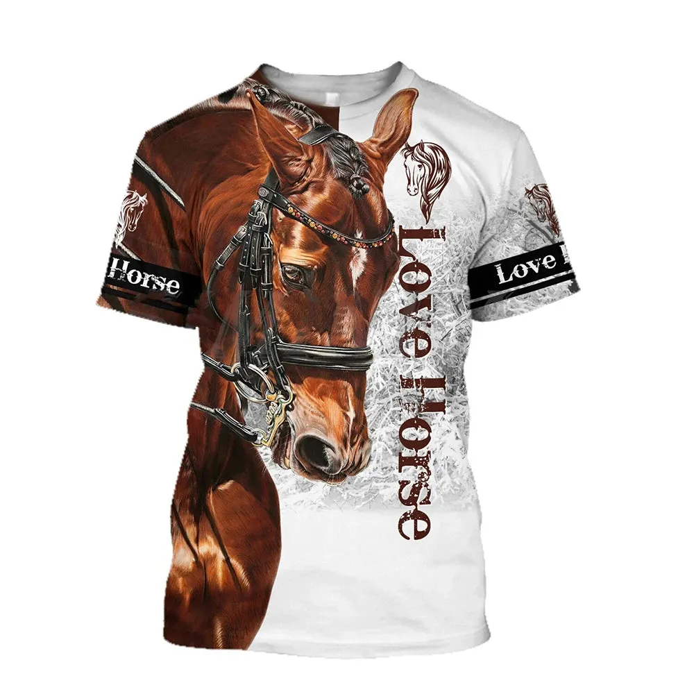 Sizes 100/120/140 3D Printing Horse Shirt Unisex Large Loose O-Neck Casual Short Sleeve T.