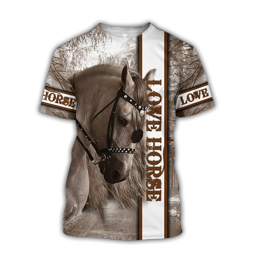 Sizes 100/120/140 3D Printing Horse Shirt Unisex Large Loose O-Neck Casual Short Sleeve T.