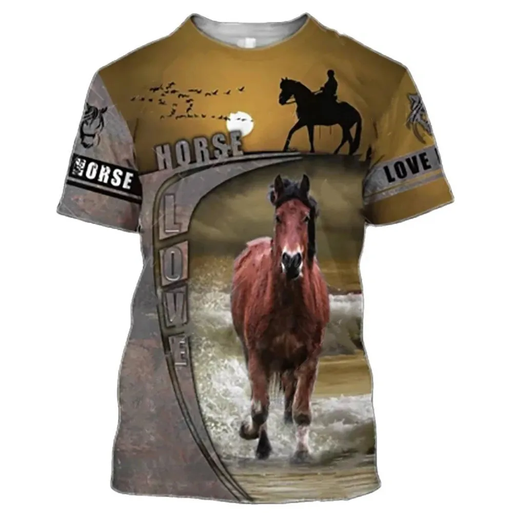 Sizes 100/120/140 3D Printing Horse Shirt Unisex Large Loose O-Neck Casual Short Sleeve T.