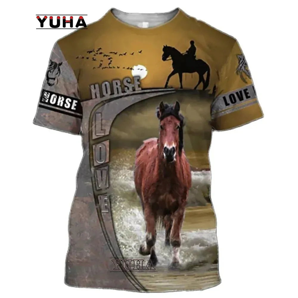 Sizes 100/120/140 3D Printing Horse Shirt Unisex Large Loose O-Neck Casual Short Sleeve T.