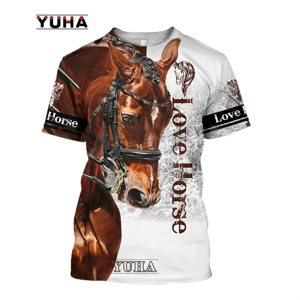 Sizes 100/120/140 3D Printing Horse Shirt Unisex Large Loose O-Neck Casual Short Sleeve T.