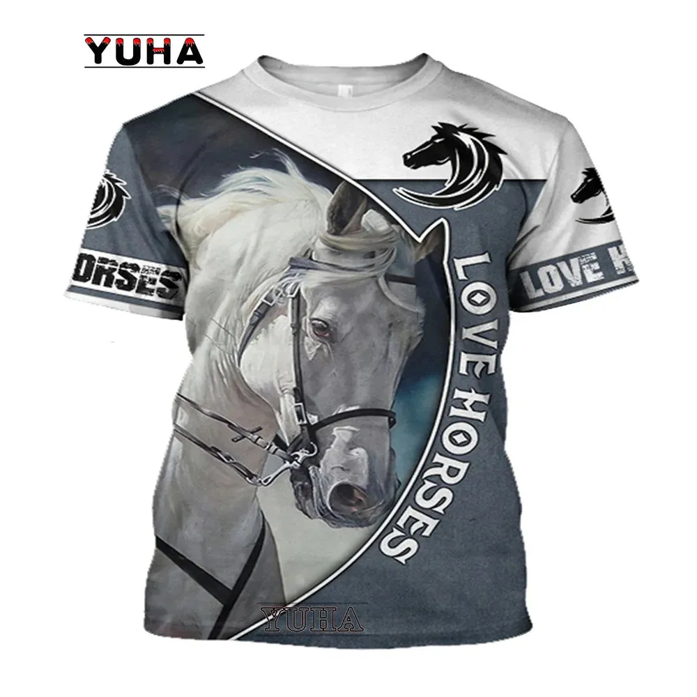 Sizes 100/120/140 3D Printing Horse Shirt Unisex Large Loose O-Neck Casual Short Sleeve T.