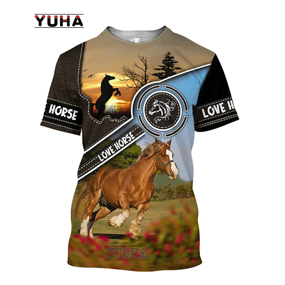 Sizes 100/120/140 3D Printing Horse Shirt Unisex Large Loose O-Neck Casual Short Sleeve T.