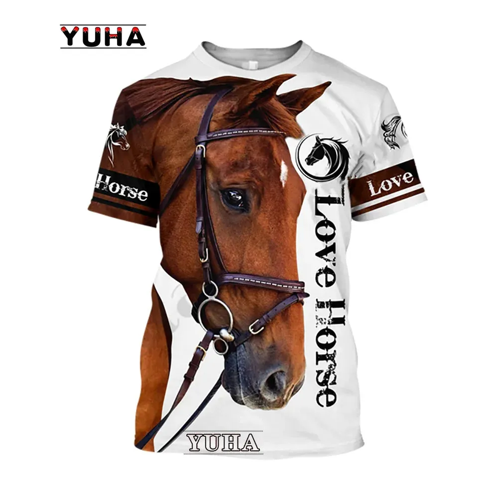 Sizes 100/120/140 3D Printing Horse Shirt Unisex Large Loose O-Neck Casual Short Sleeve T.