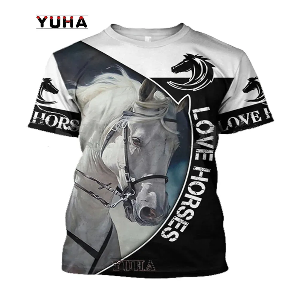 Sizes 100/120/140 3D Printing Horse Shirt Unisex Large Loose O-Neck Casual Short Sleeve T.