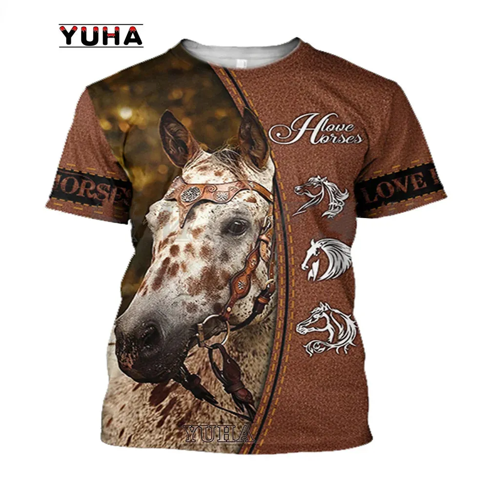 Sizes 100/120/140 3D Printing Horse Shirt Unisex Large Loose O-Neck Casual Short Sleeve T.