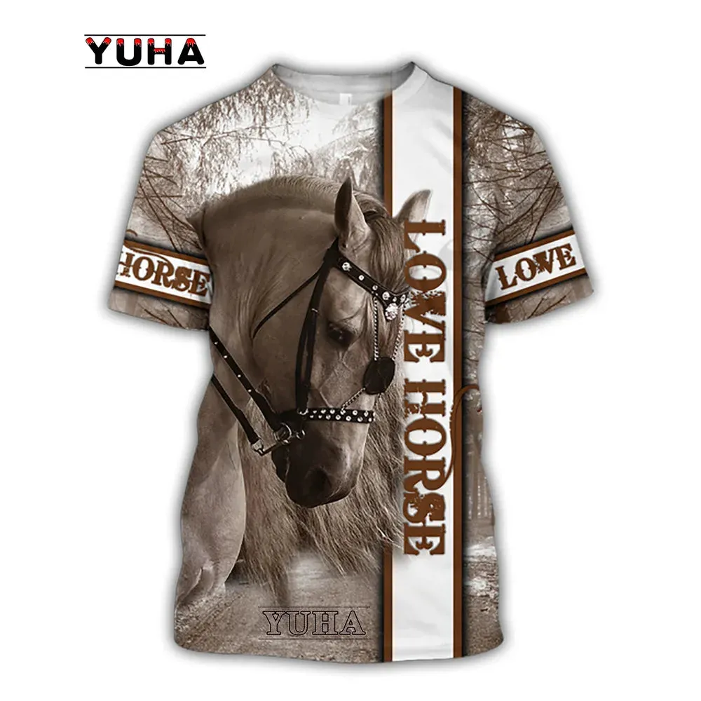 Sizes 100/120/140 3D Printing Horse Shirt Unisex Large Loose O-Neck Casual Short Sleeve T.