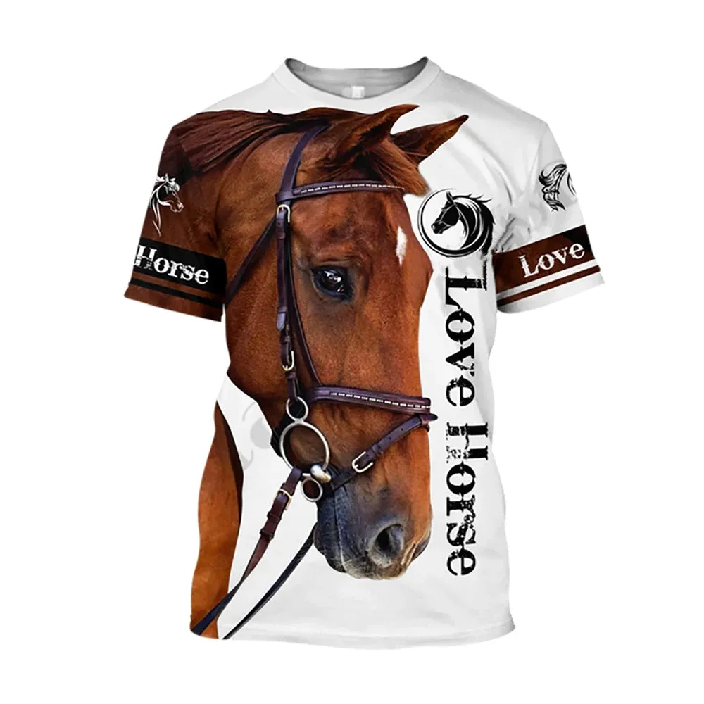 Sizes 100/120/140 3D Printing Horse Shirt Unisex Large Loose O-Neck Casual Short Sleeve T.