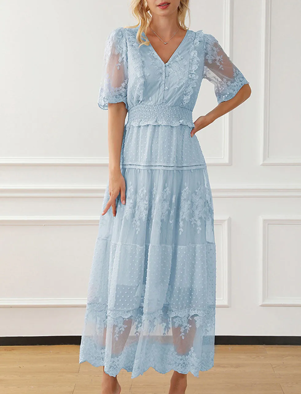 Solid Color V Neck Semi-Sheer Lace Short Sleeves Cut Out High Waist Maxi Boho Dress